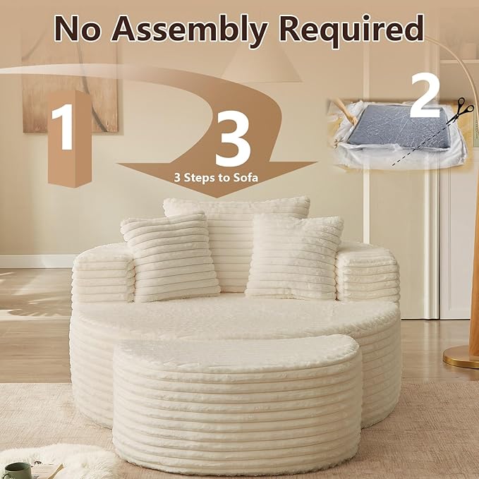 55''W Oversized Round Lounge Chair with Ottoman Modern Corduroy Accent Chair Upholstered Boneless Deep Seat for Living Room or Bedroom No Assembly Required (Corduroy White)