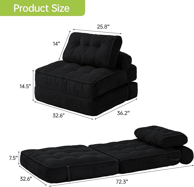 Folding Sofa Bed Convertible Foldable Chair Bed Floor Couch for Adults Comfy Floor Sofa Small Couches for Small Spaces Black
