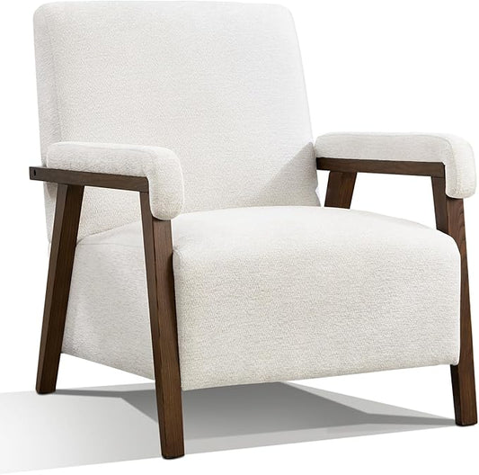 Mid Century Modern Accent Chair Upholstered Armchair with Thick Seat Cushion and Solid Wood Frame Thick and Comfy Innerspring Seat Cushion Short Plush Fabric Arm Chair for Living Room(1White)