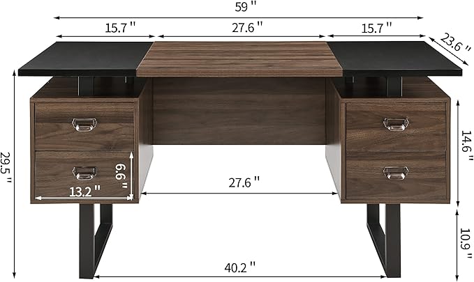 Computer Desk with 4 Drawers for Files Organization 59 Large Home Office Desk with Storage Shelves Industrial Study Writing Table Workstation for Home Office Study Room Walnut and Black