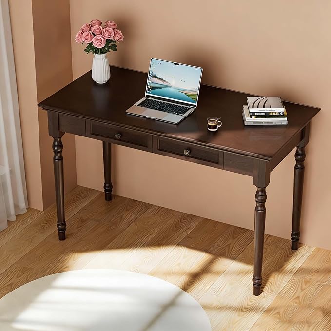 47” Walnut Solid Wood Writing Desk with Drawers Farmhouse Computer Desk with File Storage Ideal for Home Office Bedroom or Study Room