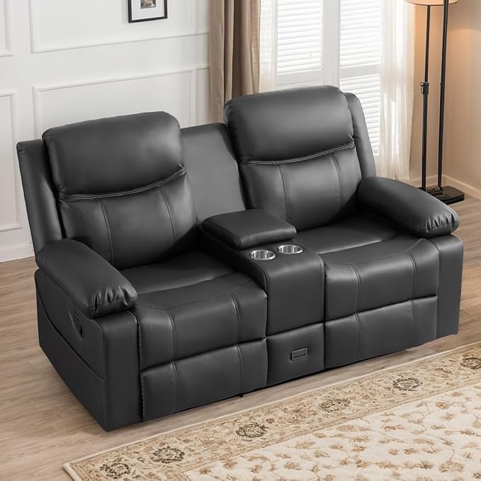 Loveseat Recliner Sofa with Massage &amp Heating Reclining Loveseat with Console RV Wall Hugger Double Loveseat Recliner Couch for Living Room &amp Home Theater (Grey)