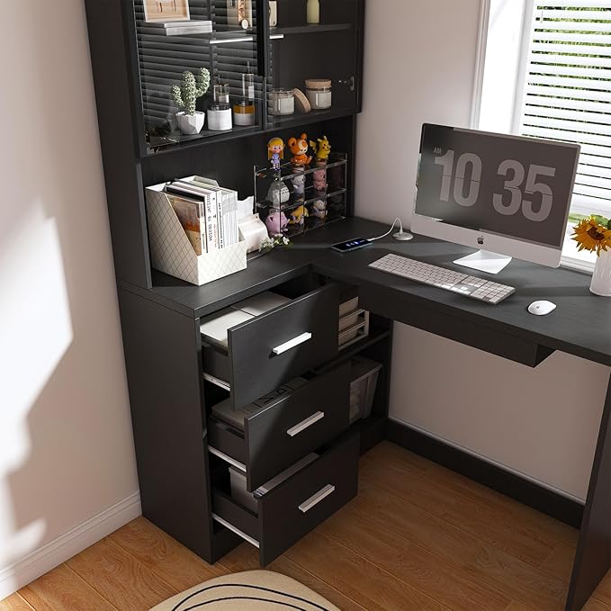 L Shaped Corner Desk with Keyboard Tray &amp Power Outlet Home Office Desk with LED Lighting &amp Storage Cabinet Computer Desks with Drawers/Glass Cabinets for Study Room Corporate (Black)