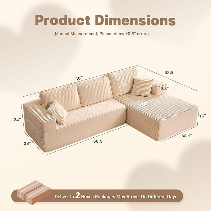 107 Boneless Couch with Deep Seat Set of Modular Sectional Sofa Cloud Sectional Couch for Living Room No Assembly Required Corduroy L-Shape Right White