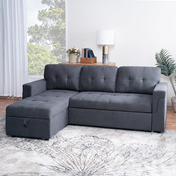 Multifunctional Sectional Sofa with Pull-Out Sleeper Bed &amp Hidden Storage – Reversible Chaise Dark GrayVelvet – Space-Saving Durable Stylish &amp Easy DIY Assembly for Apartments &amp Small H