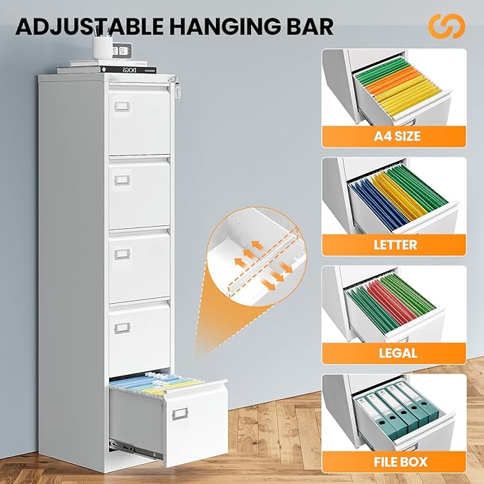 5 Drawer File Cabinet with Lock Metal Filing Cabinets for Home Office Vertical White Locking File Caninet Steel Narrow Five Drawer File Cabnet for Letter/Legal / A4 / B4- Assembly Required