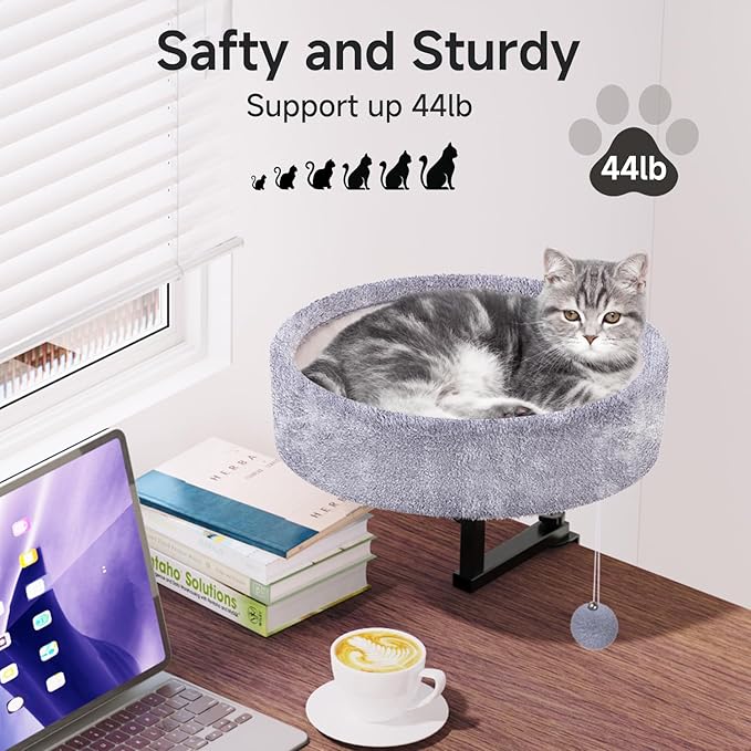 Cat Desk Bed - 360° Rotating &amp Adjustable Supports 44 lbs Soft Faux Fur with Dual-Sided Reversible Mat Modern Indoor Cat Nest Furniture for Office Desks and Game Tables Island Table