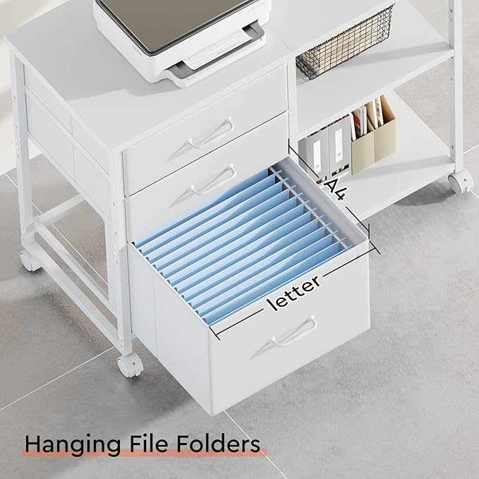 3 Drawer File Cabinet with Wheels Rolling Printer Stand with Open Storage Shelf Fabric Lateral Filing Cabinet for Home OfficeWhite
