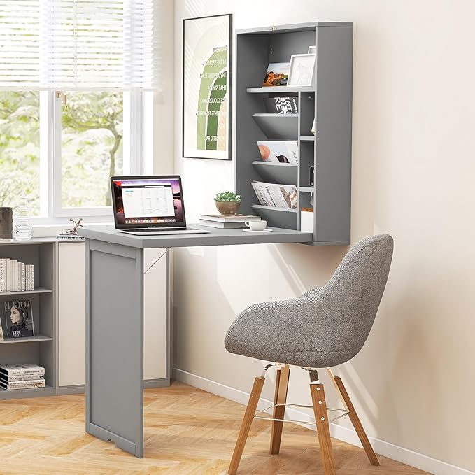 Wall Mounted Desk Wood Collapsible Floating Desk Convertible Computer Desk with Storage Area Hanging Fold Out Table for Home Office Small Spaces (Grey)