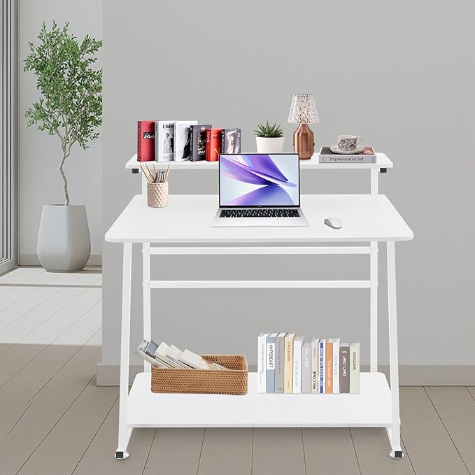 Small Office Mobile Computer Desk 3-Tier Laptop Table with Storage Shelves Tiny Computer Desk with Wheels for Home Office Bedroom Living Room Studio (White)