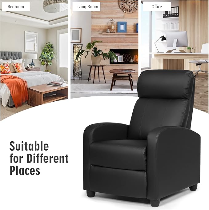 POWERSTONE Recliner Chair PU Leather Recliner with Massage Function Small Reclining Chair Single Sofa Chair Home Theater with Thicker Cushion Wing Back Reading Chair for Living Room Office (Black)