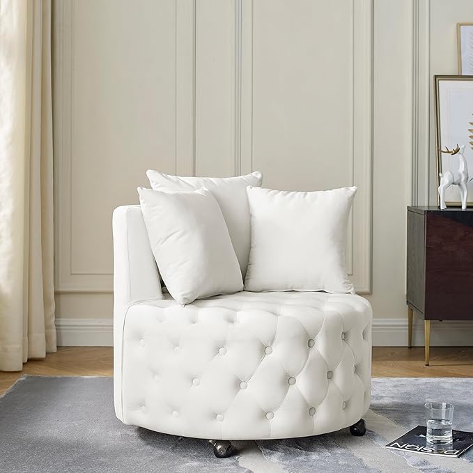 360° Swivel Accent Barrel Chair Velvet Comfy Round Chair with Button Tufted Design &amp 4 Moveable Wheels Upholstered Modern Lounge Reading Chairs for Living Room Bedroom Apartment Clubs(Beige)