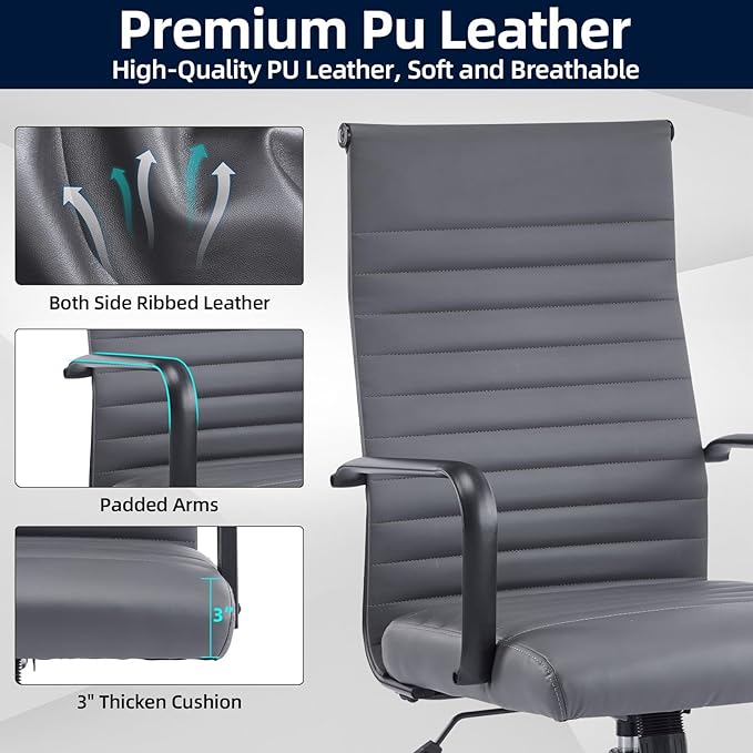 Office Chair Ergonomic Executive Conference Room Chairs Ribbed Leather Desk Chair with Lumbar Support Adjustable Height Mid-Back Swivel Chair with Padded Seat