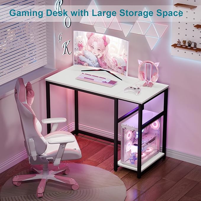 SINPAID Computer Desk 47 inches with 2-Tier Shelves Sturdy Home Office Desk with Large Storage Space Modern Gaming Desk Study Writing Laptop Table White Desk