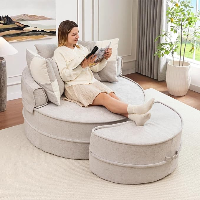 47.63'' Oversized Accent Barrel Chair with Ottoman Modern Round Boneless Idoor Chaise Lounge Chair and A Half Comfy Velvet Compression Large Reading Armchair with 5 Pillows for Living Room Gray