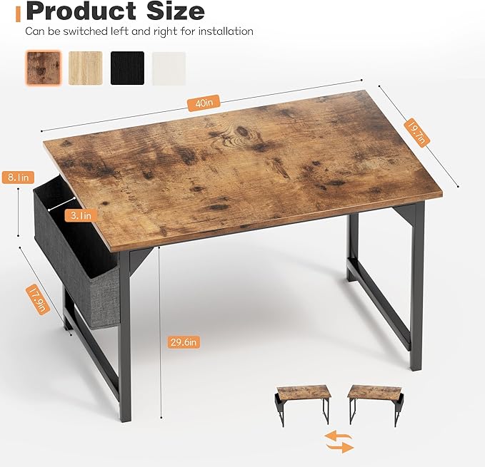 Shahoo 40 Inch Computer Desk Wood Modern Simple PC Home Office Table for Small Spaces with Storage Bag and Headphone Hook for Home Office Study Writing Rustic Brown
