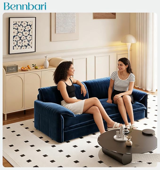 66'' Queen Pull Out Sofa Bed with Thickened Cushions 3-in-1 Convertible Velvet Sleeper Couch with Side Storage Loveseat Futon Lounge Recliner for Living Room Apartment Bedroom Small Space (Blue)