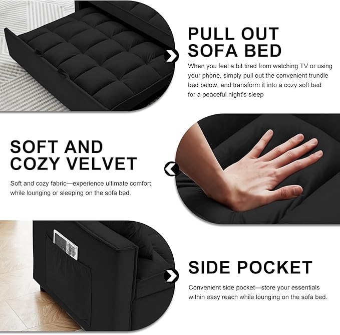 3 in 1 Convertible Sleeper Sofa Bed 55 Pull Out Couches Modern Loveseat Sleeper Sofa with Adjustable Reclining Backrest &amp Side Pockets for Living Room Velvet Fabric Classic Black