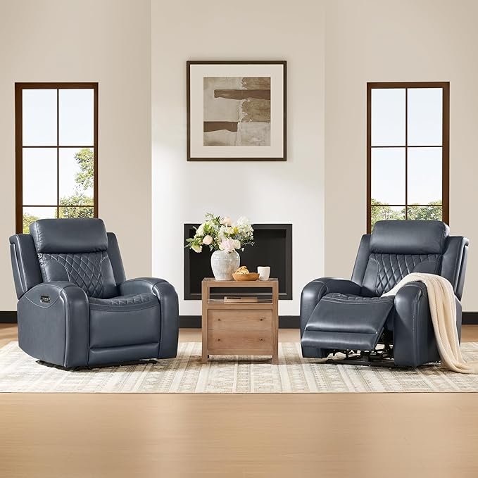 CHITA Genuine Leather Recliner Chair for Adults with Adjustable Power Headrest Lay Flat Power Recliner with Slide-Out Cupholders &amp USB/Type-C Ports Living Room Chair Navy Blue