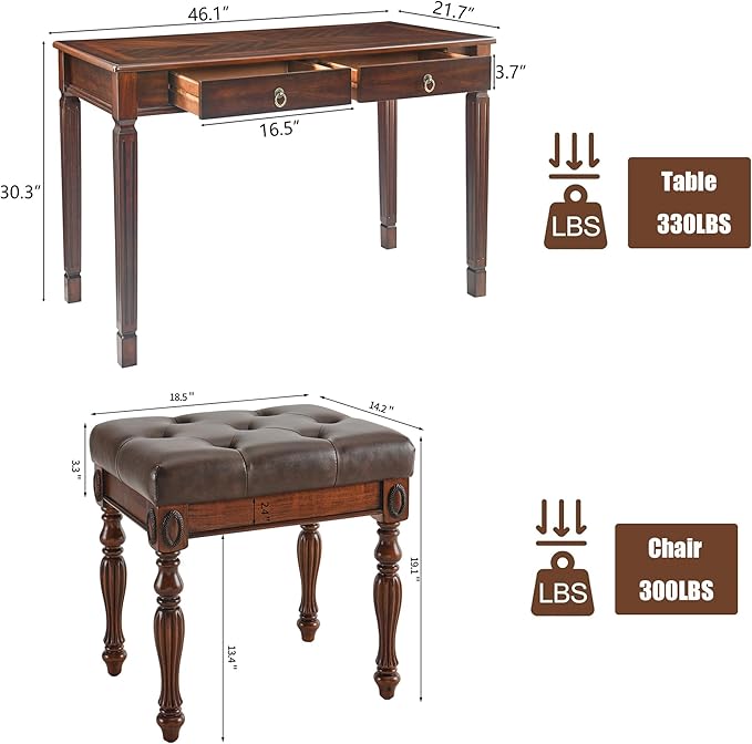Solid Wood Makeup Vanity Table Set 46.1 Large Dressing Vanity Table with 2 Drawers and Vanity Bench Stool Writing Desk with Solid Wood Legs &amp Button Tufted Cushioned Stool Cherry&ampBrown