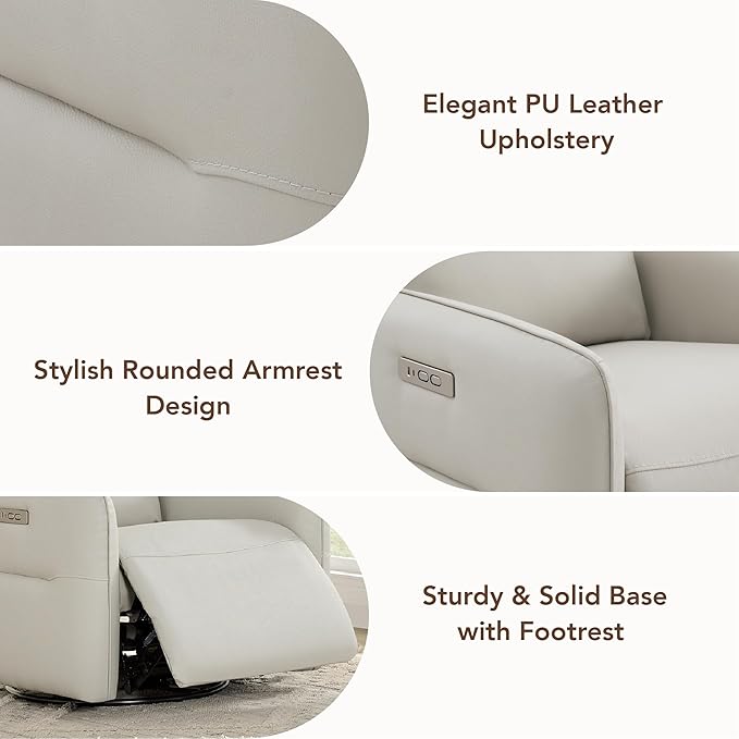 CHITA Faux Leather Power Recliner Chair Swivel Glider Recliner for Adults Nursery Rocking Chair with USB &amp Type-C Charging for Living Room Bedroom Creamy Grey