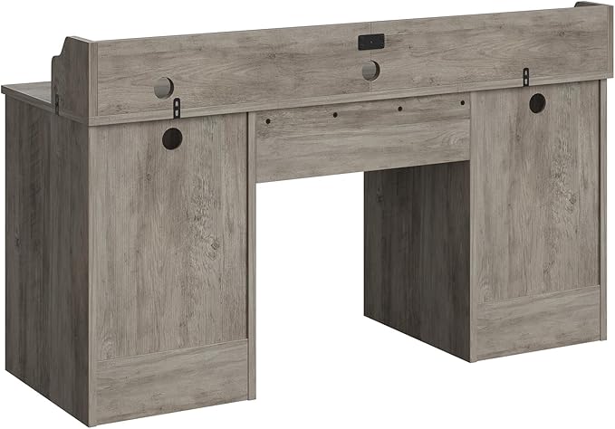 Bestier Farmhouse 59 Executive Desk with Drawers Wood Computer Desk with Charging Station Home Office Desk with Keyboard Tray &amp Monitor Stand Sturdy Pedestal Desk for Work Study Grey