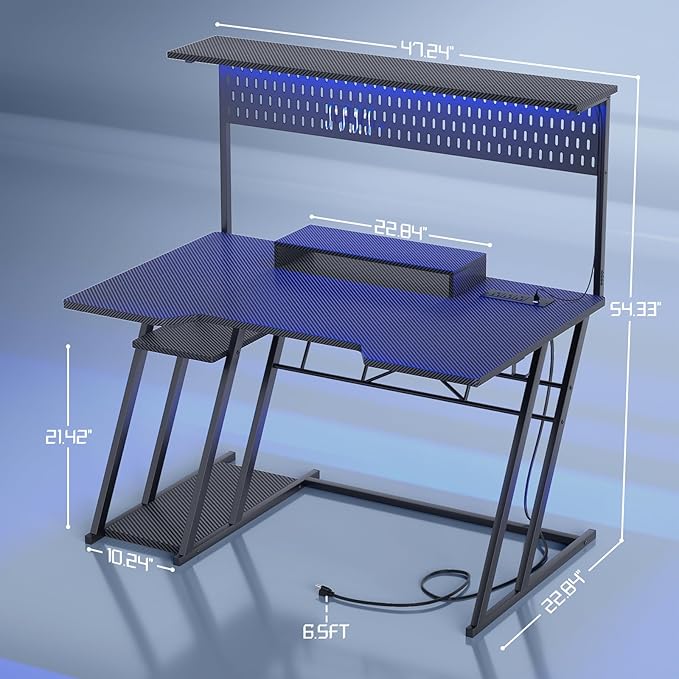 Armocity Gaming Computer Desk with Shelves and Outlets Gaming Desk with Hutch and LED Lights Reversible PC Gaming Desks with Pegboard Carbon Fiber Black 47''