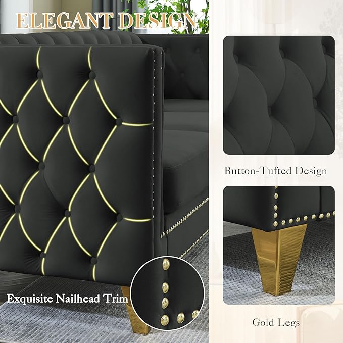 Chesterfield Sofa Set of 2 Modern Velvet Couch with Button Tufted &amp Nailhead Trim Upholstered Deep Seat Couch Comfy Sofa for Living Room Bedroom Apartment Office(58 W + 80.5 W Black)