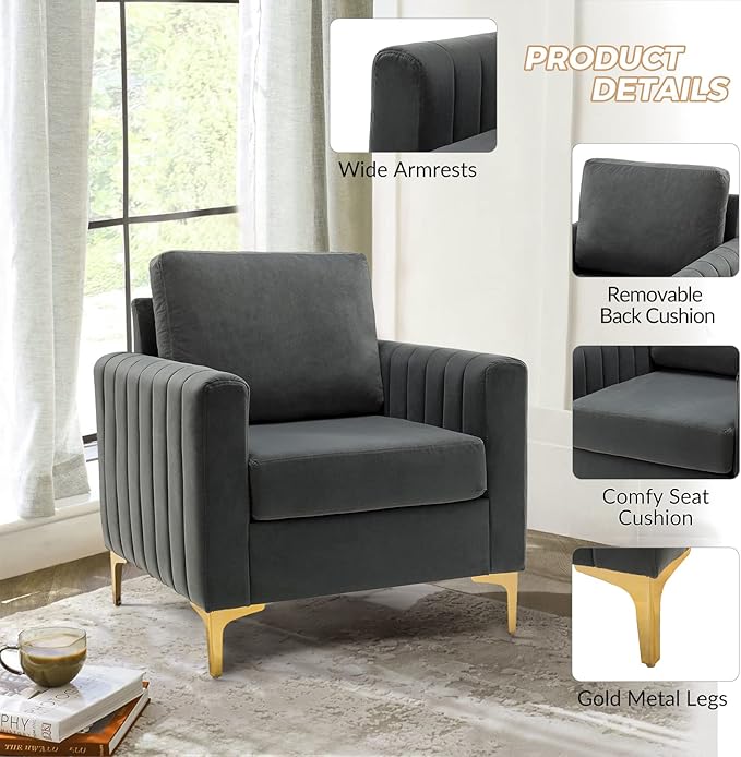 HULALA HOME Velvet Accent Club Chair Modern Velvet Armchair Upholstered Accent Sofa Chair with Gold Metal Legs Mid-Century Barrel Leisure Comfy Reading Armchair Grey