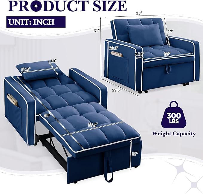 Antetek Convertible Sleeper Chair Bed 3 in 1 Modern Velvet Pull Out Sofa Bed Small Tufted Single Sleeper Chair with Adjustable Backrest/Pillow for Living Room Small Spaces Apartment Office Blue