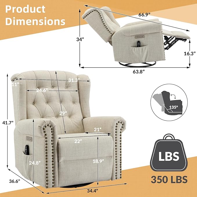 Power Swivel Rocking Glider Recliner Chair Electric Nursery Reclining Sofa Chair with Heat and Massage Wingback Tufted Upholstered Recliner for Living Room USB and Type-C Ports Beige