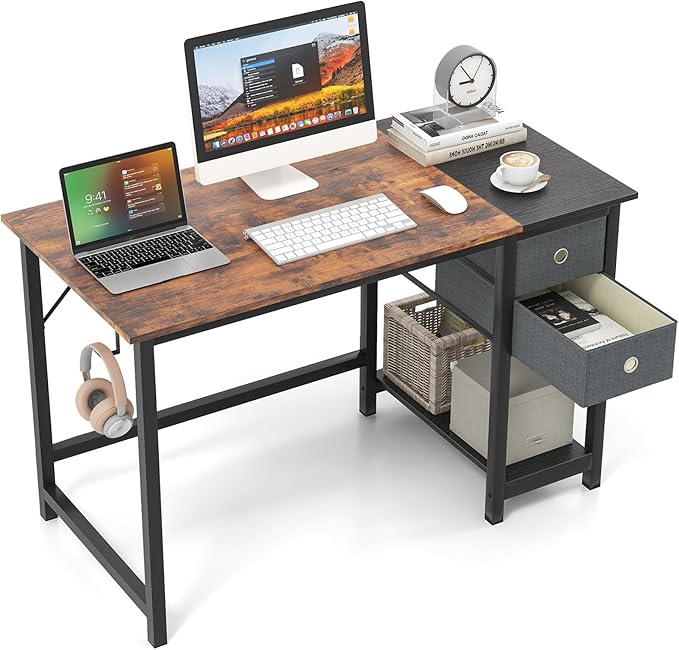 Tangkula 48-Inch Computer Desk with 2 Drawers Modern Home Office Desk with Hanging Hook &amp Storage Shelf Multipurpose Writing Desk for Study Bedroom (Rustic Brown 48)