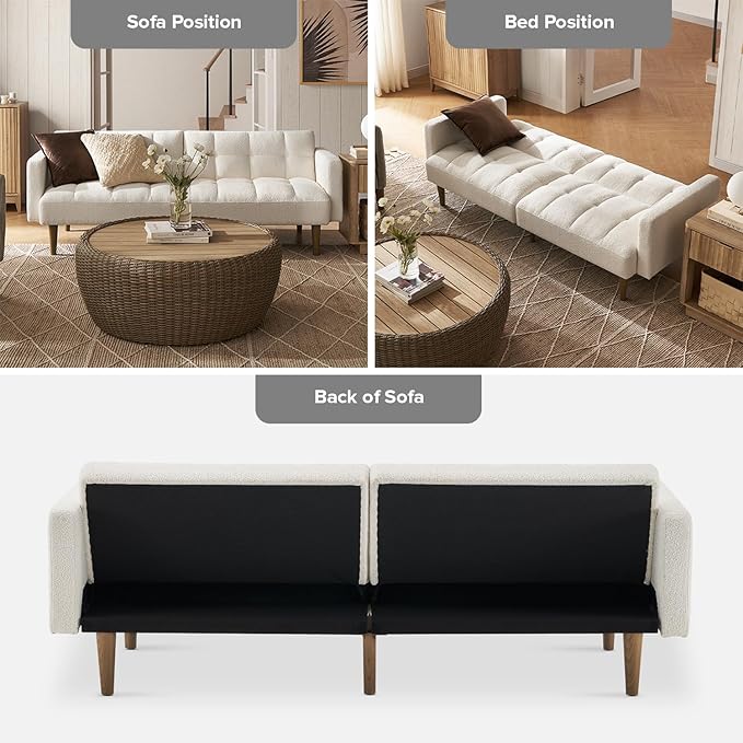 mopio 76.4 Futon Sofa Bed Couch Loveseat Sleeper Sofa Mid Century Modern Futon Couch Sofa Cama Couches for Living Room (Aaron Pearl White Boucle)