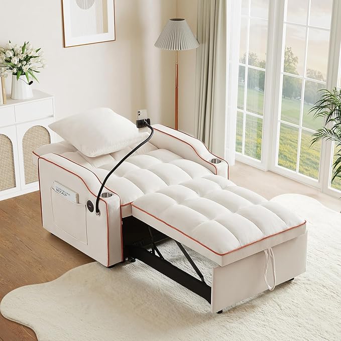 Convertible Sleeper Chair Sofa Bed3 in 1 Velvet Tufted Pull Out Couch with Swivel Phone Holder &amp USB PortsFuton Small Couch Bed w Cup Holders &amp Adjustable Backrest for Living RoomSmall Plac