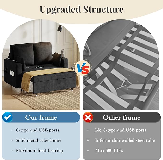 Garvee 3 in 1 Pull Out Couch 56 Inch Convertible Sleeper Sofa Bed Loveseat Sofa Couch with Cup Holders USB &amp Side Pocket Modern Loveseat for Living Room Bedroom Includes Toss Pillows Black