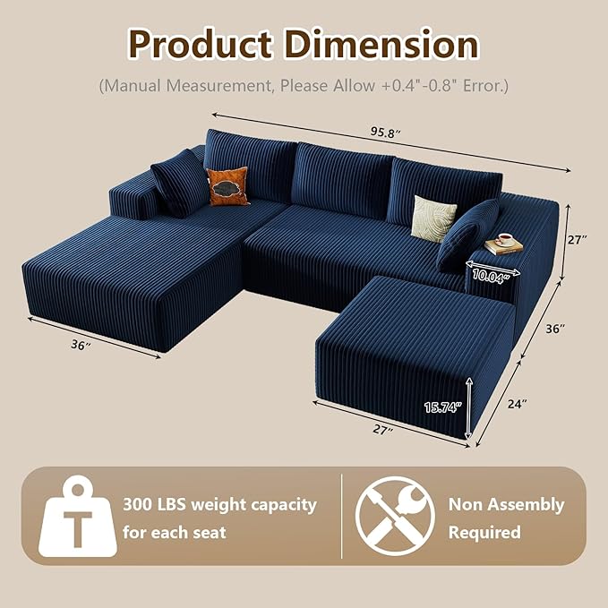 96 U-Shape Cloud Couch Modern Modular Sectional L-Shape Sofa with Ottoman Corduroy Upholstered Couches Deep Seat Sleeper Chaise Longue for Living Room No Assembly Required(Blue Left Facing)