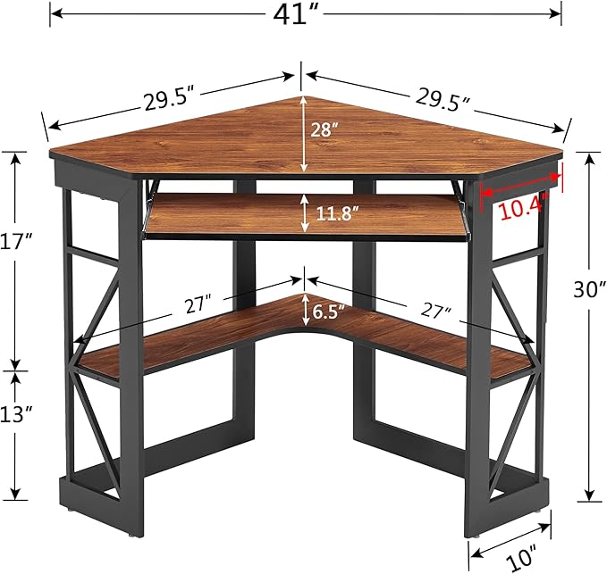 VECELO Corner Desk Computer Desk Writing Table with Smooth Keyboard Tray&ampStorage Shelves for Small Spaces/Compact Home Office Triangle TableTeak Brown