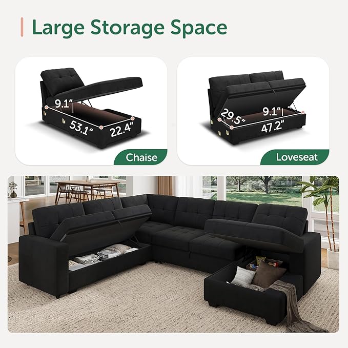 HONBAY Sectional Sleeper Sofa with Pull Out Bed Sleeper Sectional Couch for Living Room Sleeper Sofa Bed with Storage Chaise Velvet Black