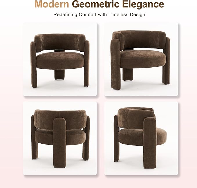 Modern Accent Barrel ChairMid Century Single Armchair with Curved Backrest Upholstered Side Reading Chair with 3 Legs Comfy Sherpa Chair for Bedroom Home Office Living Room (Brown)