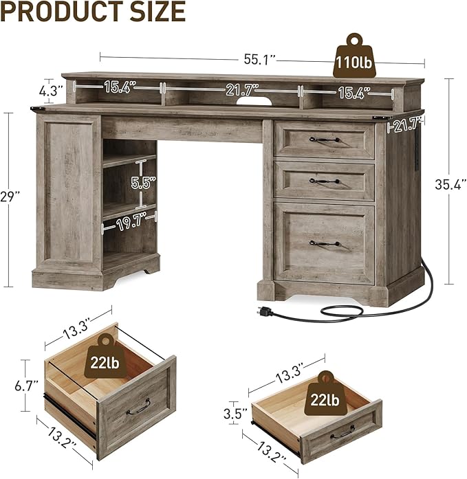 55'' Farmhouse Executive Desk with Drawers Home Office Desk with File Cabinet and Storage Shelf Charging Station Computer Desk with Monitor Stand Writing Gaming Desk Greige
