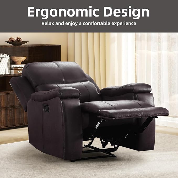 EBELLO Recliner Chair Single Overstuffed Sofa Recliner Breathable Faux Leather Manual Reclining Chairs with Hidden Cup Holder Arm and Back for Adults Living Room Bedroom Dark Brown
