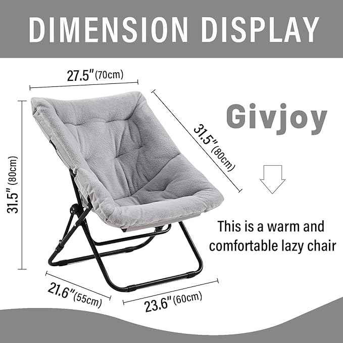 Comfy Folded Chair Soft Faux Fur Oversized Folding Accent Chair Flexible Lazy Chair for Adults Kids Metal Frame Moon Chair for Dorm Room Bedroom Living Room