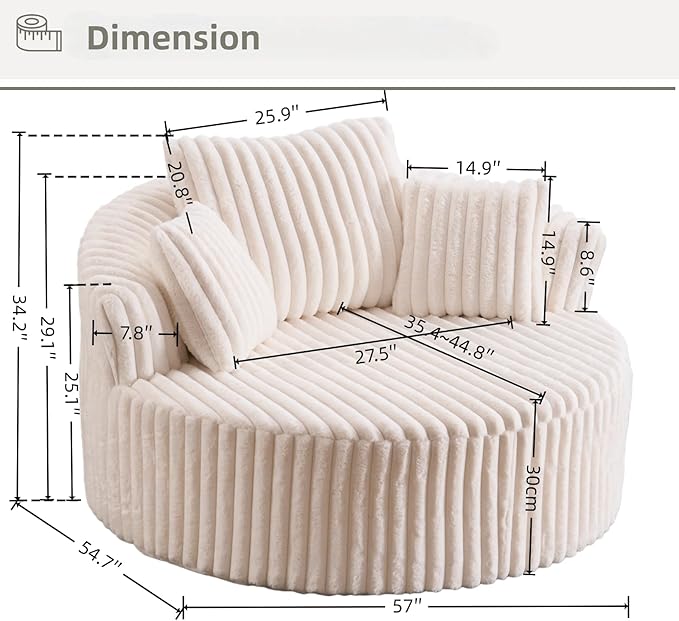Oversized Upholstered Chaise Lounge Chair Indoor Corduroy Deep Seat Accent Chair Plush Boneless Barrel Sofa Chair for Living Room Bedroom Apartment (Beige 57 Inch)