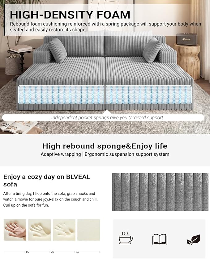 71 Oversized Double Chaise Lounge Sofa Cloud Plush Deep Seat Loveseat Sleeper Couch Upholstered Boneless Corduroy Sofa Bed No Assembly Modern Lounge Chair for Living Room Bedroom Reading (Grey)