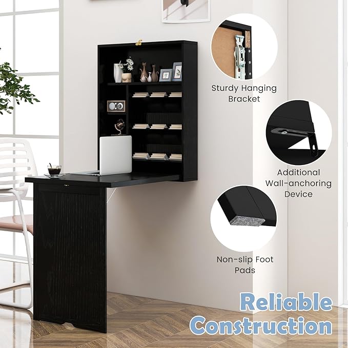 Tangkula Foldable Wall Mounted Desk Floating Desk with Storage Shelves &amp Hooks Space-Saving Fold-Up Murphy Table for Small Spaces Home Office Dorm Room