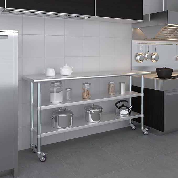 AmGood Stainless Steel Work Table with 2 Shelves and Casters | Metal Utility Table On Wheels (Stainless Steel Work Table with 2 Shelves + Casters 72 Long x 18 Deep)