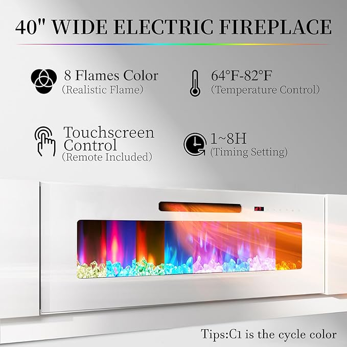 AMERLIFE Fireplace TV Stand with 40 Fireplace 80 Modern Fireplace Entertainment Center LED Lights 2 Tier TV Console Cabinet for TVs Up to 90 White &amp White