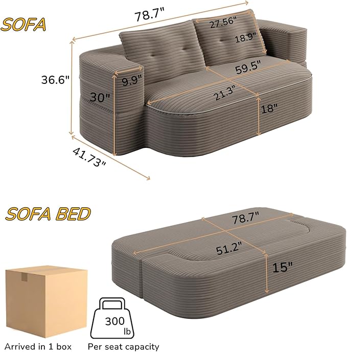 78.7 Full Size Memory Foam Couch Plush Corduroy Sofa Floor Sofa Bed with Multi Functional Blanket 2 in 1 Convertible Folding Sofa Bed for Living Room Offices No Assembly Required (Coffee)