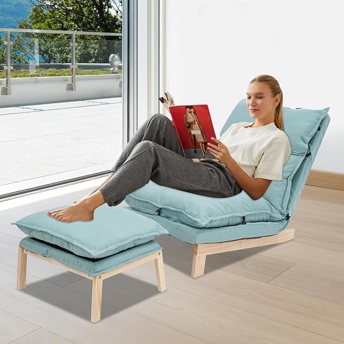 Single Lazy Sofa Lounge Chair with Footstool 5-Position Reclining Comfort for Living Room Balcony Japanese Tatami Floor Recliner Modern Leisure Recliner Indoor Use Green