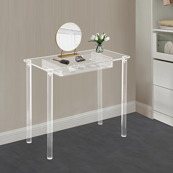 Acrylic Makeup DeskClear Computer DeskFree Standing Makeup Table with Drawer31.50 * 29.53 * 15.75 inch Modern Study Writing Table for Home Office